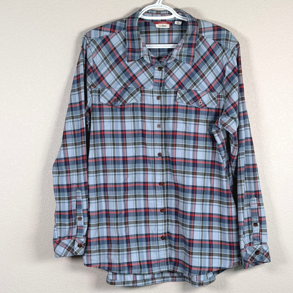 L.L.Bean Cabin Stretch Flannel Shirt Womens L BlueScotch Plaid Organic Cotton
